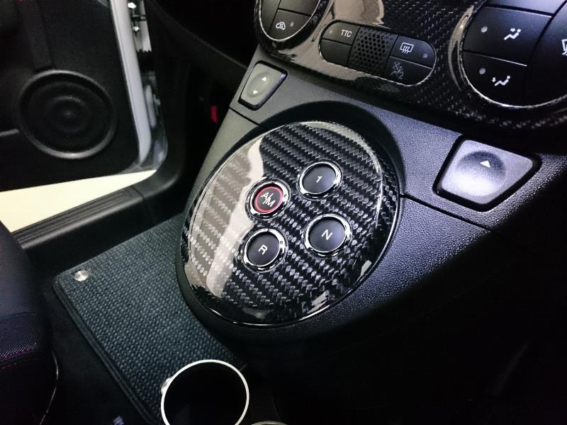 Installed-Carbon-Fiber-Abarth-500-595-Automatic-Gear-Cover-SKU-500-46-1 Koshi Carbon Automatic Gear Cover